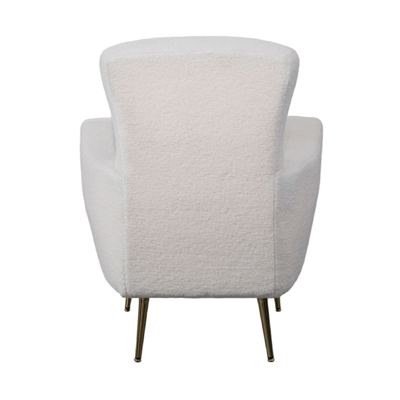 Enkel loungestol i Cream Faux Sherpa med buet ryggstøtte, gullmetallben og armlener Enkel loungestol i Cream Faux Sherpa med buet ryggstøtte, gullmetallben og armlener