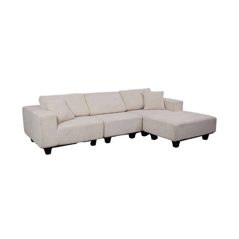 Stor L-formet hjørnesofa i off-white cordfløyel med moderne minimalistisk design
