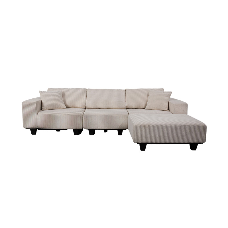 Stor L-formet hjørnesofa i off-white cordfløyel med moderne minimalistisk design